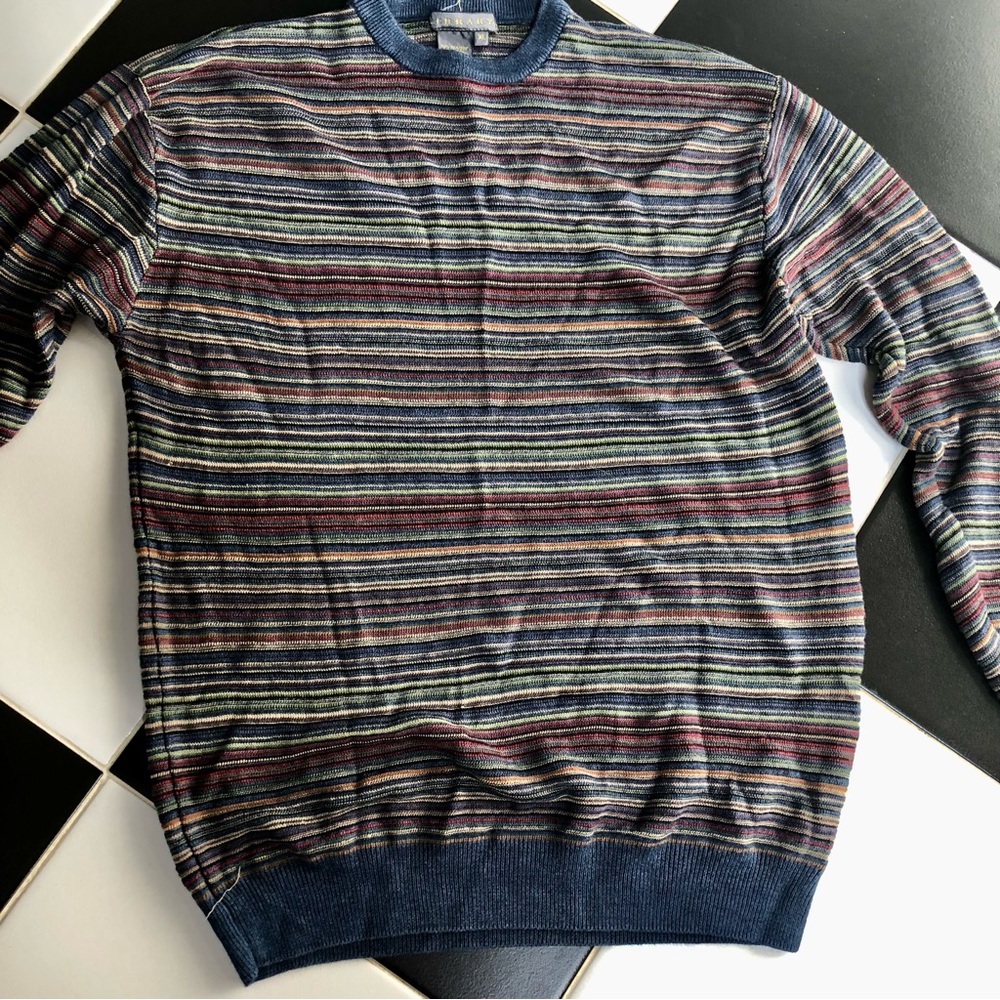 Vintage 80s Grandpacore Crewneck Sweater Library Striped Silk Cashmere Blend XL - Picture 3 of 10